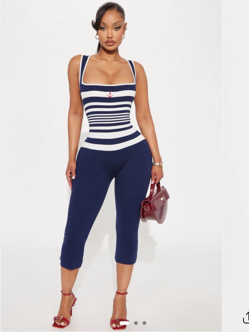 Fashion Nova Navy & White Striped Capri Jumpsuit